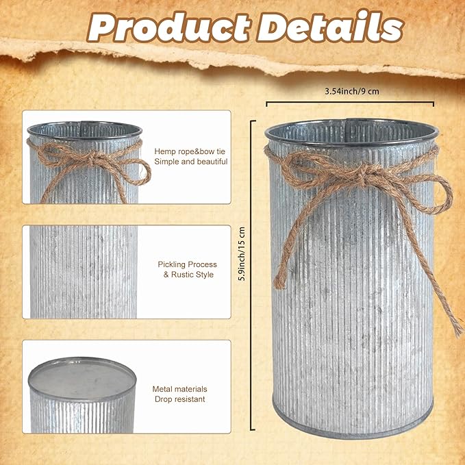 6" High Vase Centerpiece for Table, Rustic Farmhouse Mason Jars with Twine Bow, Vintage Galvanized Metal Flower Container for Wedding Home Decor (Silver, 2Pcs)