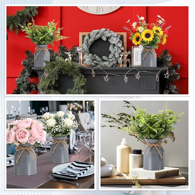 Domensi 5.12 Inch Farmhouse Metal Flower Vase Decor Rustic Galvanized Milk Can Jug Vase with Bow Flower Buckets for Table Centerpiece Fall Halloween Wedding Home Dinging Room Decor(Gray,6 Pcs)