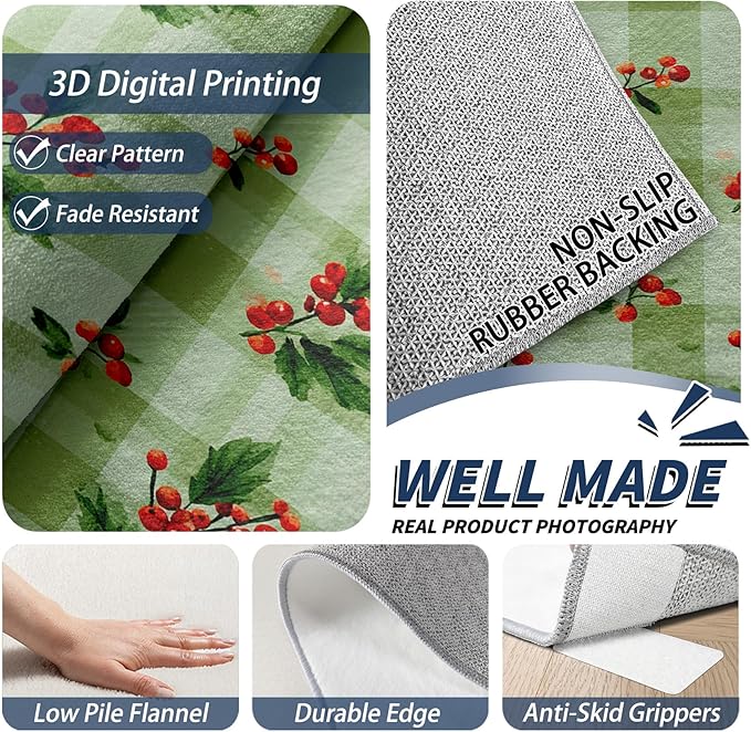 Christmas Area Rug, 3x4 Rug for Entryway Indoor, Xmas Holly Berry Green Buffalo Plaid Washable Rugs for Bedroom, Non Slip Soft Low Pile Stain Resistant Carpet, Rustic Farmhouse Room Decor