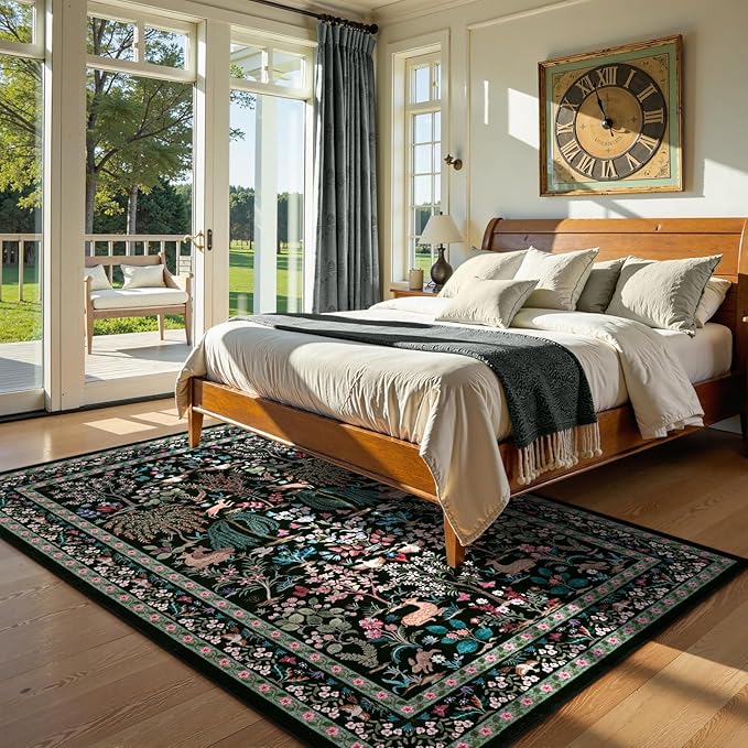 OJIA Living Room Rug 5x7 Area Rugs for Bedroom, Soft Black Washable Rugs Floral Animal Print Ultra-Thin Non-Slip Carpet Non-Shedding Indoor Boho Carpet Kids Rugs for Playroom Nursery Farmhouse