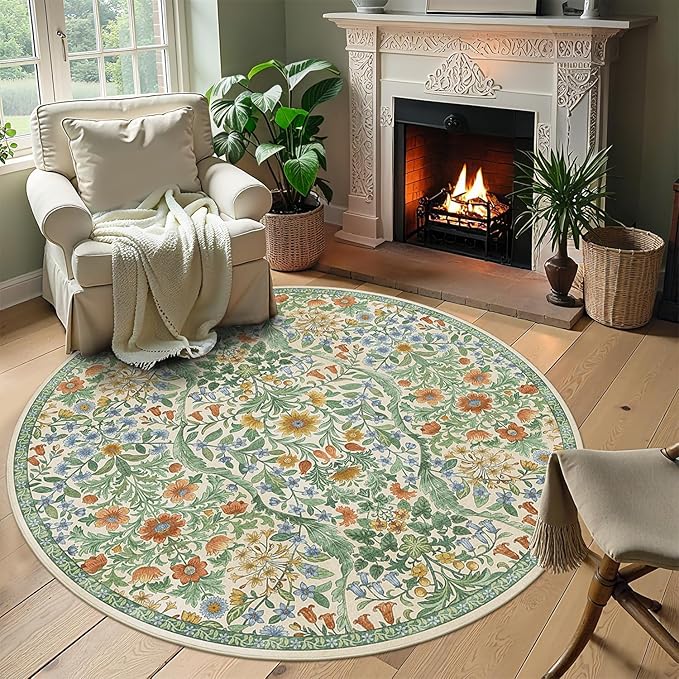Round Rug 6ft Grass Green Washable Floral Circle Rug,Vintage Boho Botanical Round Area Rugs, Non-Slip Soft Low-Pile Circular Carpet for Bedroom,Kids Room,College Dorm,Home Decor
