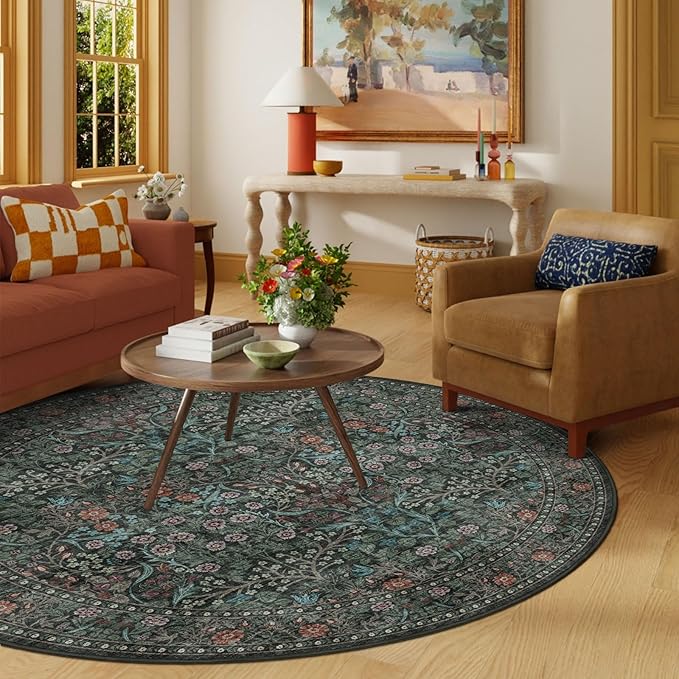 Boho Round Rugs 6ft - Soft Washable Black Green Floral Bedroom Circle Rug Stain Resistant Botanical Dining Room Rugs for Under Round Table Vintage Area Rug for Living Room Office Kid Room