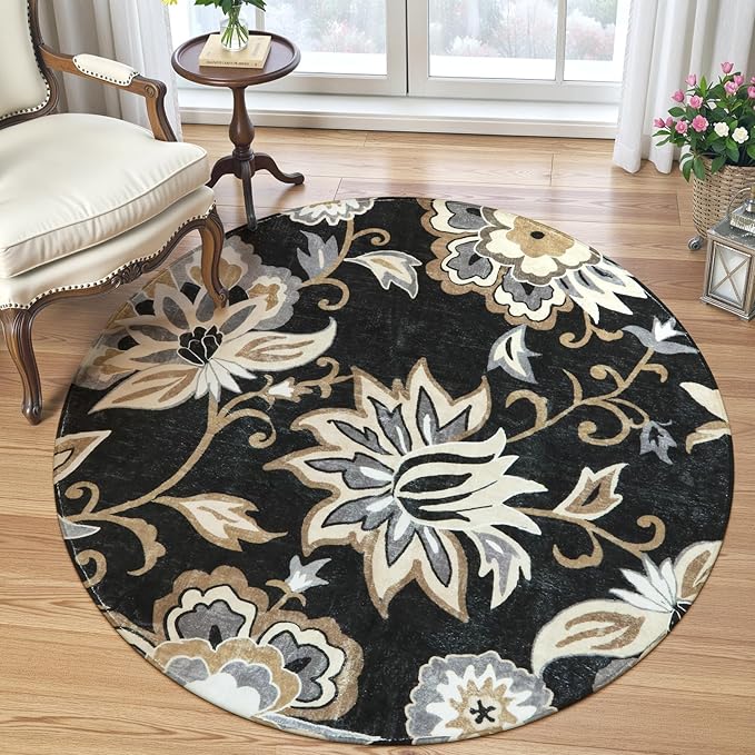 Lahome Floral Black Round Rugs - 3Ft Washable Round Area Rug Non-Slip Small Entryway Throw Soft Bedroom Circle Carpet Paisley Print Accent Distressed Circular Mat for Bathroom Sofa Living Room