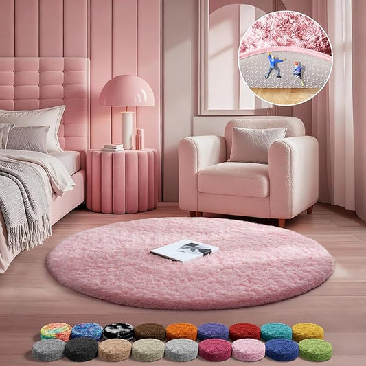 Ophanie Pink Round Rug for Bedroom Girls, Kids Fluffy Kawaii Fuzzy Shag Circle Circular Area Rugs, Cute Plush Christmas Small Carpet 3.6Ft, for Teen Baby Nursery Home Living Room Dorm Decor Aesthetic