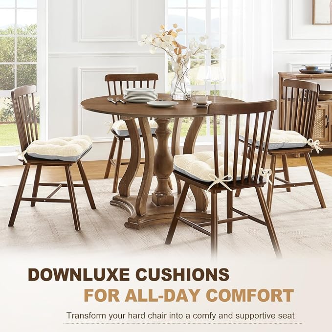 downluxe Indoor Chair Cushions for Dining Chairs, Tufted Overstuffed Textured Foam Kitchen Chair Pads with Ties and Non-Slip Backing, 15.5" x 15.5" x 4", Beige, 4 Pack