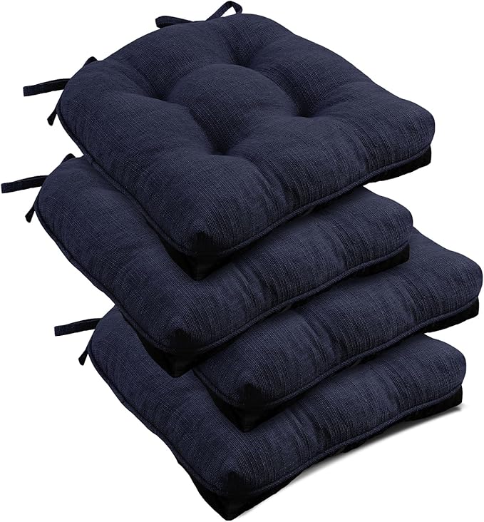 downluxe Indoor Chair Cushions for Dining Chairs, Tufted Overstuffed Textured Foam Kitchen Chair Pads with Ties and Non-Slip Backing, 15.5" x 15.5" x 4", Navy, 4 Pack