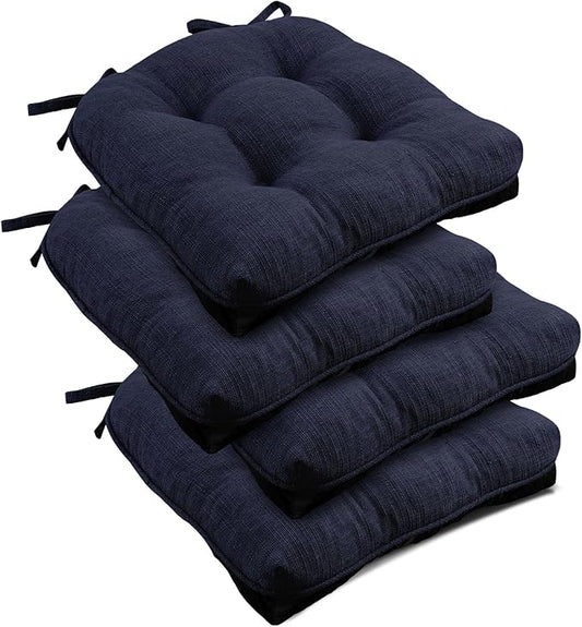 downluxe Indoor Chair Cushions for Dining Chairs, Tufted Overstuffed Textured Foam Kitchen Chair Pads with Ties and Non-Slip Backing, 15.5" x 15.5" x 4", Navy, 4 Pack