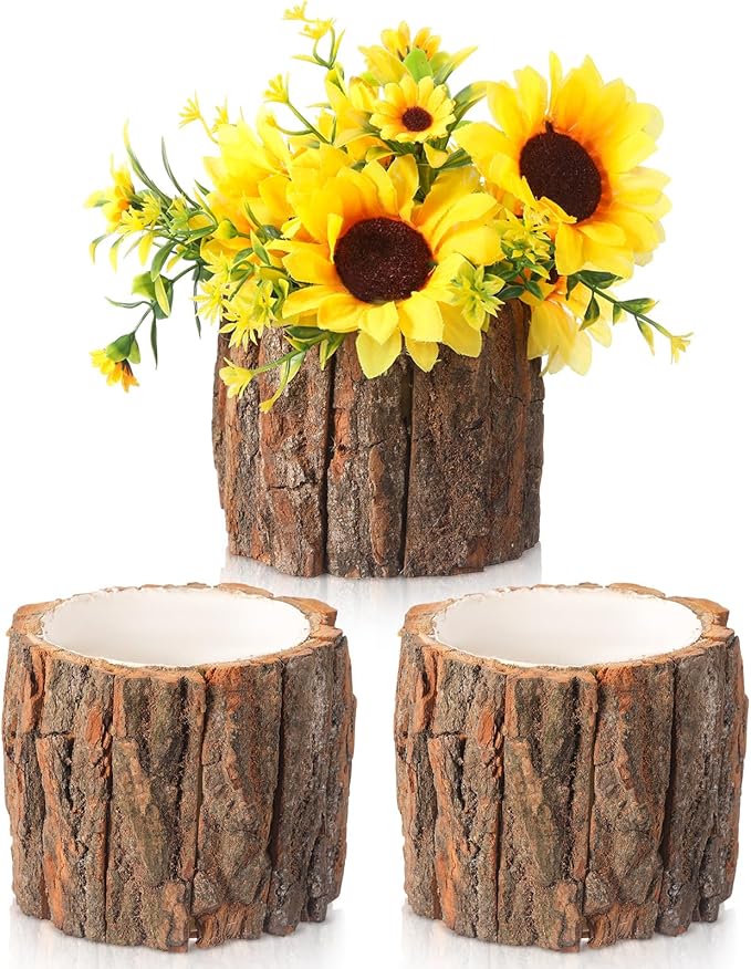 3 Pcs Wooden Vase for Centerpieces Christmas Table Decor Wooden Flower Vase Rustic Bark Stump Buckets Vintage Wood Planter Pots for Xmas Woodland Party Wedding Window Home Farmhouse