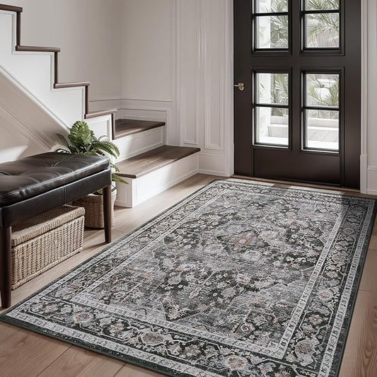 AMOAMI-3X5 Area Rug-Soft Washable Rugs for Living Room Bedroom -Non Slip Entryway Rug-Indoor Vintage Throw Rug Accent Rug for Living Room Laundry Room Kitchen Bathroom Bedside Dark Grey & Black