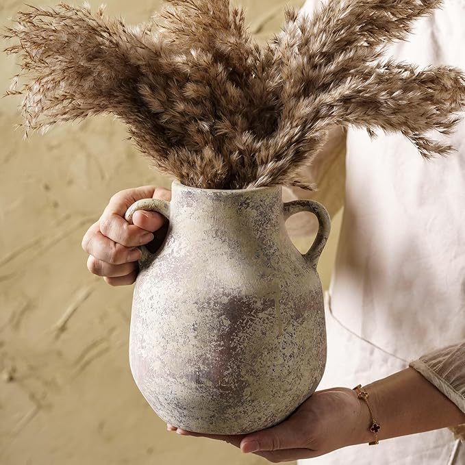 Rustic Ceramic Farmhouse Flower Round Vase with 2 Handles, Vintage Terra Cotta Vases, Decorative Pottery Ceramic Stone Vase for Home Decor, Living Room, Table, Shelf Decor, Mantel, 7.7 Inch