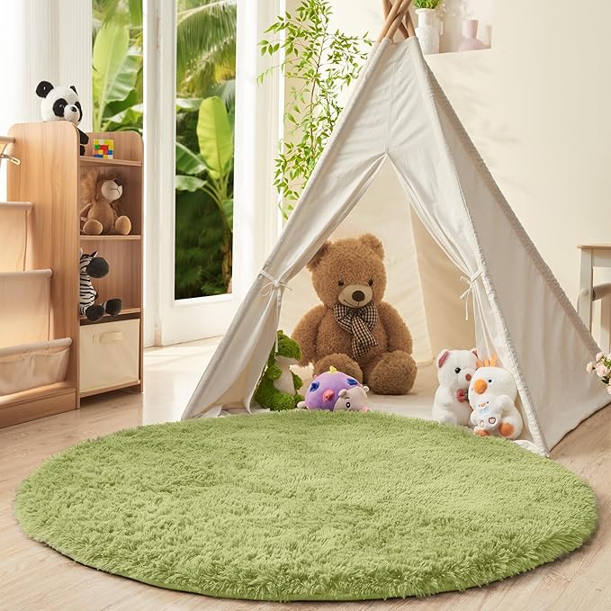 OPPODREAM 3ft Light Green Circle Rug for Bedroom, Ultra-Soft Round Rugs 3-ft for Living Room, Fluffy Carpet for Nursery, Kids, Girl, Boy, Baby, Plush, Fuzzy, Shag, Shaggy, Cute Home Decor