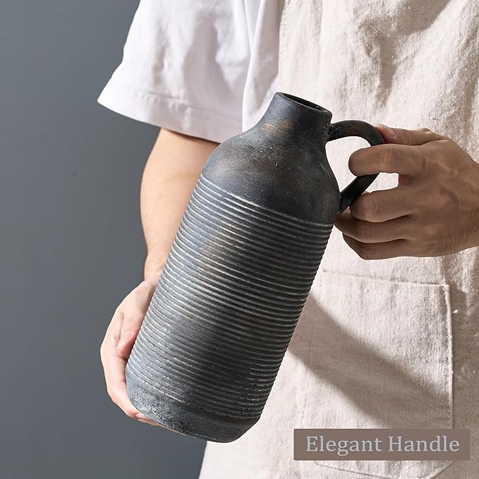 Ceramic Rustic Vase for Home Decor, Terracotta Vase with Handle, Handcrafted Vintage Decorative Flower Vase for Farmhouse, Living Room, Table, Fireplace, Nightstand - Black Bronze