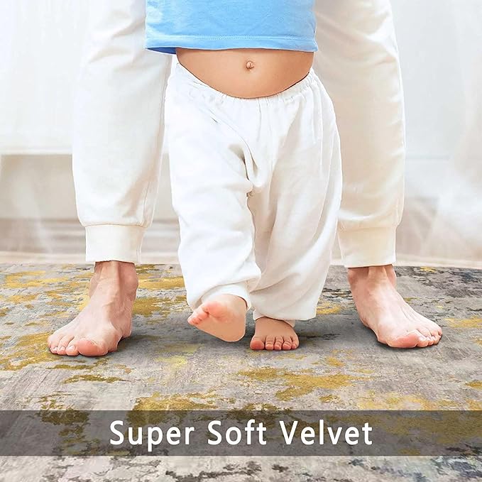 vivorug Round Rug 5ft Abstract Round Area Rug Non-Slip Indoor Carpet for Living Room Bedroom Entryway, Stain Resistant Home Decor Circle Rug, Grey/Mustard