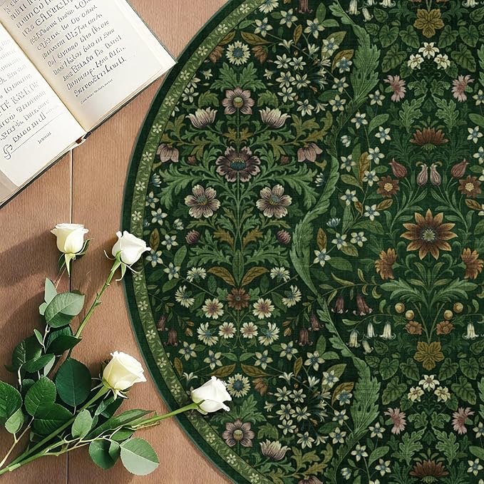 Round Rug 4ft Dark Green Washable Floral Circle Rug,Vintage Boho Botanical Round Area Rugs, Non-Slip Soft Low-Pile Circular Carpet for Bedroom,Kids Room,College Dorm,Home Decor