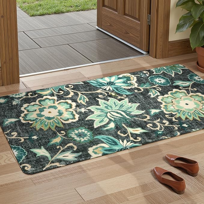 Lahome Floral Washable Rugs Runners - 2x4 Area Rug Low-Pile Non-Slip Rugs for Entryway Runner Small Throw Soft Bathroom Rug Runner Bedside Rug, Boho Blue Paisley Carpet Runners for Hallway Kitchen