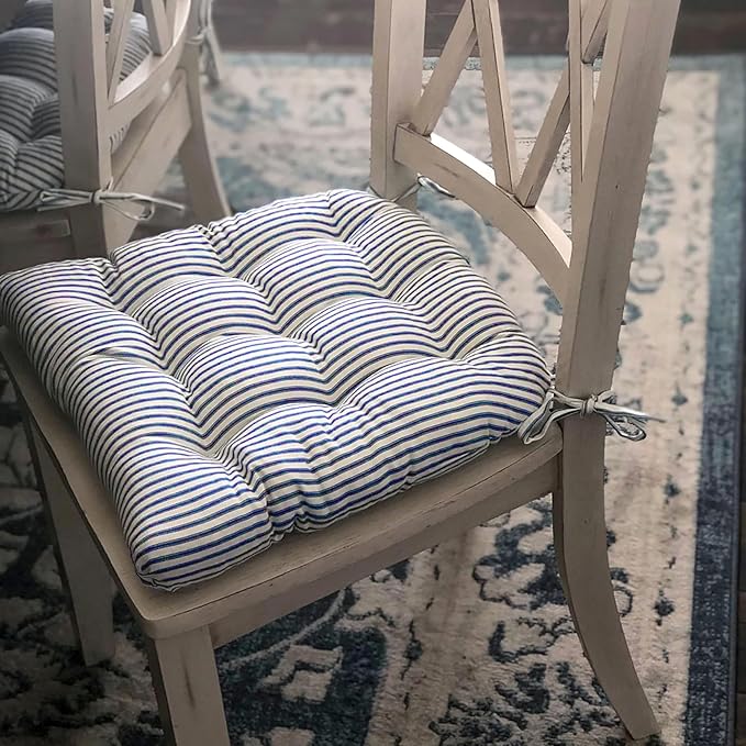 Barnett Home Decor Dining Chair Cushions, 16.5 x 18, Pack of 2 – Ticking Stripe Navy Blue – 100% Cotton, Latex Foam Fill