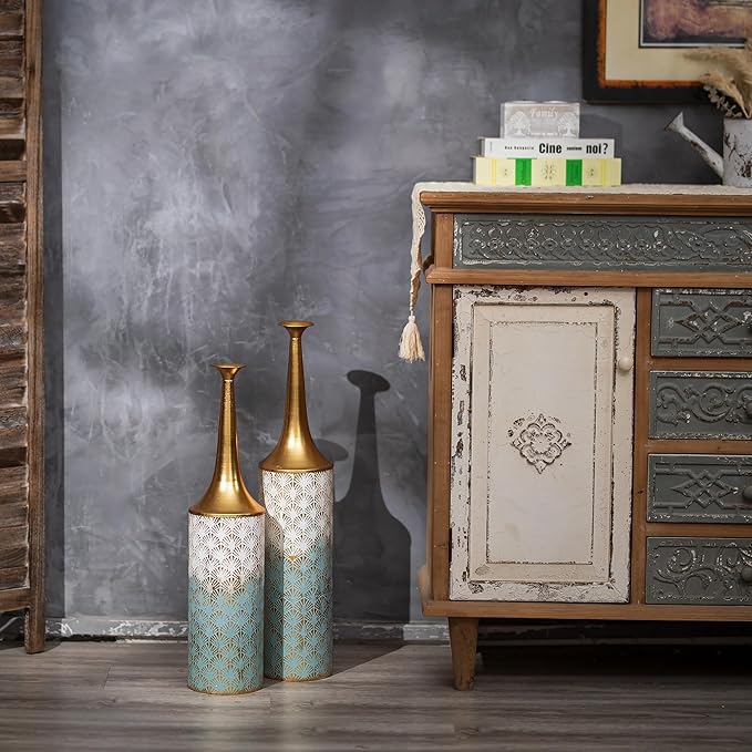 Sziqiqi Large Floor Vases Decorative Tall- 23.4/26in Set of 2 Coastal Big Vase for Home Decor Living Room Rustic Flowers Vases Metal Plant Farmhouse Vases for Pampas Grass Feathers Twigs Branches