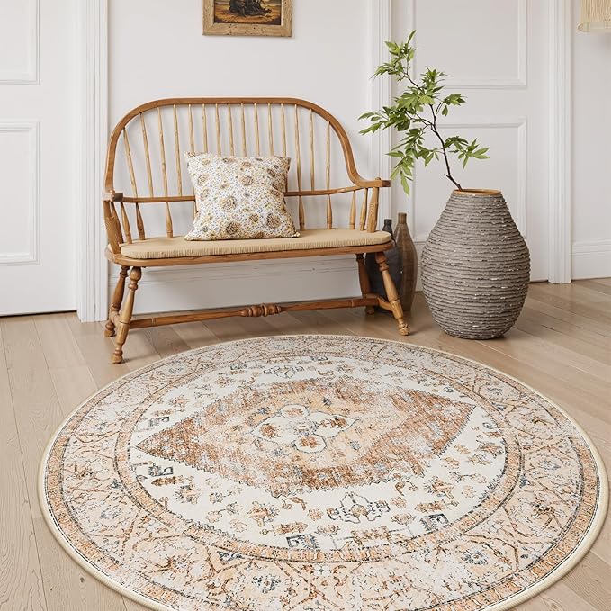 Lahome Boho Round Area Rug - 5Ft Machine Washable Round Bedroom Rugs Non-Slip Throw Large Round Rugs for Living Room, Oriental Distressed Print Circle Rugs for Office Dining Room Kitchen Classroom