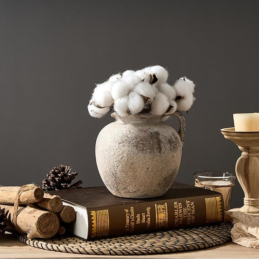 Antique Terracotta Vase with Handle, 5.6 Inch Farmhouse Ceramic Vase Boho Decor Decorative Vase, Rustic Vase for Home Decor, Living Room, Table, Wedding - Distressed Design, Gray