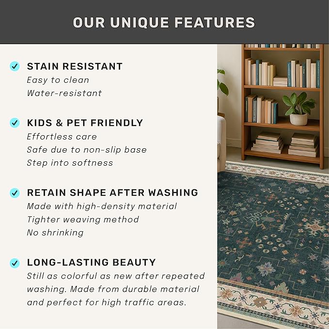 Dark Green Vintage 8x10 Washable Rugs for Living Room - Dark Academia Victorian Floral Geometric Bedroom Rug, Ultra Soft Thin Low Pile Non-Slip Large Rugs for Dining Room Under Table Lounge
