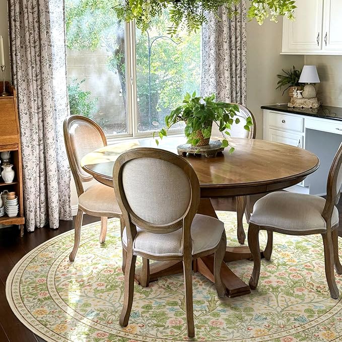 Light Green Round Rugs 6ft - Soft Washable Boho Floral Bedroom Circle Rug Stain Resistant Dining Room Rugs for Under Round Table Beige Vintage Area Rug for Living Room Office Home Decor