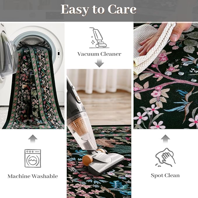 OJIA Living Room Rug 5x7 Area Rugs for Bedroom, Soft Black Washable Rugs Floral Animal Print Ultra-Thin Non-Slip Carpet Non-Shedding Indoor Boho Carpet Kids Rugs for Playroom Nursery Farmhouse
