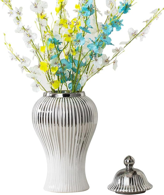 Ginger Jars for Home Decor, Ceramic Ginger Jar with Lid Modern Handmade White and Silvery, Modern Decorative Vase for Kitchen, Bookshelf Decor, Storage jar, Table Center Vase, Temple Jar(9in)