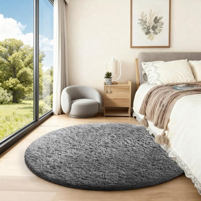 Ophanie Round Rugs 3Ft Grey Circle Area Rug,Christmas Room Decor, Aesthetic Nursery Bedroom Carpet, Fluffy Fuzzy Plush Soft Shaggy Gray Living Room Rugs for Kids Boys Girls Teen Baby Home, Dorm
