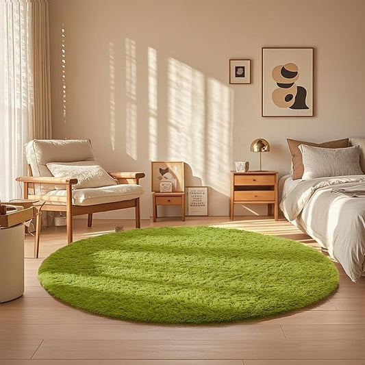 Ophanie Round Rug 5Ft Green Circle Area Rug, Green Room Decor, Fluffy Fuzzy Bedroom Carpet, Plush Soft Shaggy Living Room Rugs for Kids Home Decor Aesthetic, Nursery