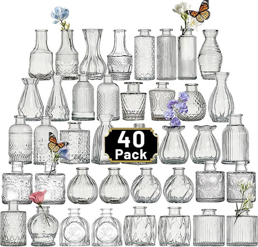 Glass Bud Vase Set of 40 Pcs Small Minimalist Vases for Flowers, Vintage Rustic Home Decor for Table Centerpiece Wedding Party, Modern Clear Aromatherapy Bottle for Living Room Bedroom