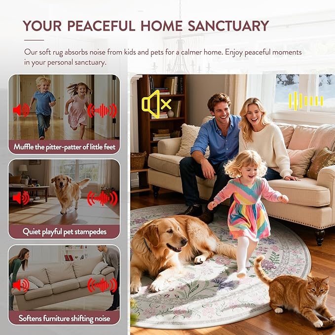 Lahome Purple 6 ft Circle Rug Washable, Floral Accent Round Rug for Girls Bedroom Decor, Non-Slip Accent Circular Carpet for Nursery Calm Corner Seating Area