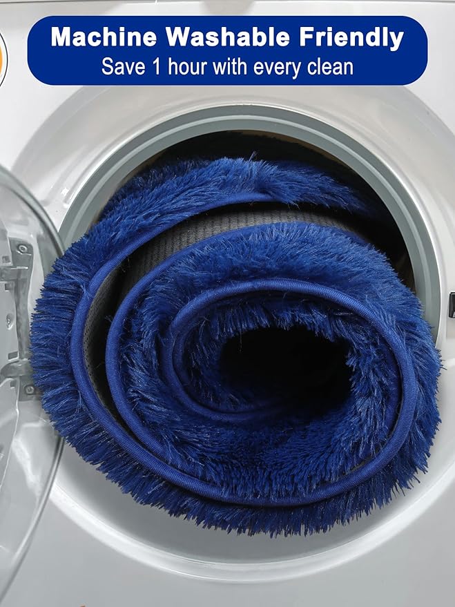 ONASAR Navy Blue Round Area Rug 4ft, Soft Bedroom Circle Rugs Floor Mat for Kids Girls Boys Teen Room, Fluffy Plush Shaggy Carpet for Baby Nursery Living Room Playroom Dorm Home Decor