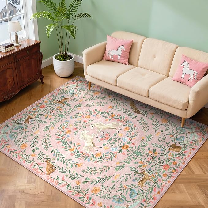 STARUIA 8x10 Area Rugs for Living Room, Unicorn Floral Non-Slip Washable Rugs, Farmhouse Moroccan Vintage Animal Pattern Large Girls Area Rug for Bedroom, Carpet for Dining Room Nurseries(Pink,8'x10')