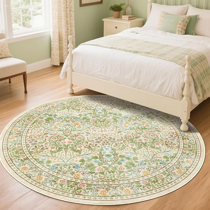 Light Green Round Rugs 6ft - Soft Washable Boho Floral Bedroom Circle Rug Stain Resistant Dining Room Rugs for Under Round Table Beige Vintage Area Rug for Living Room Office Home Decor