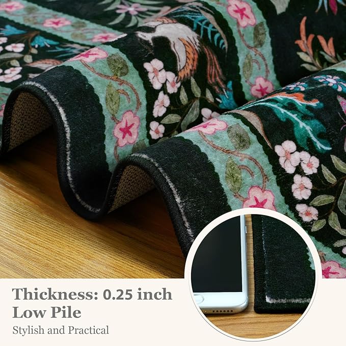 OJIA Living Room Rug 5x7 Area Rugs for Bedroom, Soft Black Washable Rugs Floral Animal Print Ultra-Thin Non-Slip Carpet Non-Shedding Indoor Boho Carpet Kids Rugs for Playroom Nursery Farmhouse