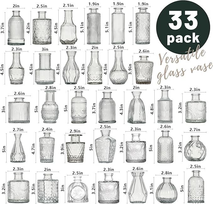Glass Bud Vase Set of 33 Pcs Small Minimalist Vases for Flowers, Vintage Rustic Home Decor for Table Centerpiece Wedding Party, Modern Clear Aromatherapy Bottle for Living Room Bedroom