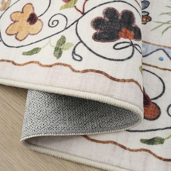 Rugcomf Round Rug 4ft Washable Circle Rug Non Slip Low Pile Boho Floral Animal Cat Small Circular Rug for Bedroom Bathroom Entryway Kids Room Office College Dorm, Beige