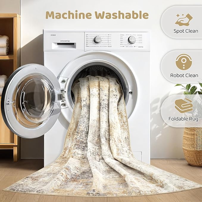 Runner Rug Kitchen Washable Rugs: 3x10 Non-Slip Abstract Soft Modern Stain Resistant Indoor Floor Neutral Accent Throw Carpet for Hallway Bathroom Laundry Room Entryway Bedroom- Gray Gold