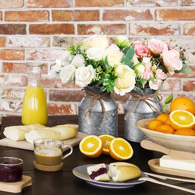 Domensi 5.12 Inch Farmhouse Metal Flower Vase Decor Rustic Galvanized Milk Can Jug Vase with Bow Flower Buckets for Table Centerpiece Fall Halloween Wedding Home Dinging Room Decor(Iron Color,12 Pcs)