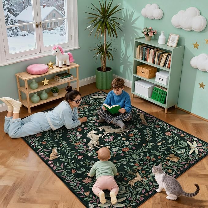 STARUIA 8x10 Area Rugs for Living Room, Unicorn Floral Non-Slip Washable Rugs, Farmhouse Moroccan Vintage Animal Large Girls Area Rug for Bedroom, Carpet for Dining Room Nurseries(Forest Green8'x10')