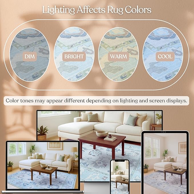 Fame Living Cream Blue Oushak Rug, Modern, Vintage, Turkish, Eclectic, Floral, Pastel, Washable, Large Area Rugs for Living Room, Dining, Bedroom, Girls, Boys, 7'5"x9'8"