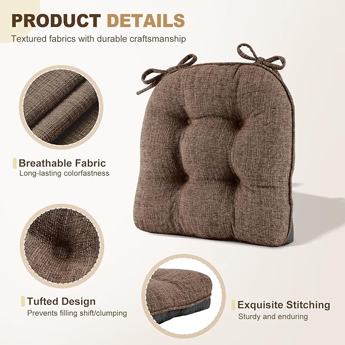 downluxe Indoor Chair Cushions for Dining Chairs, Tufted Overstuffed Textured Foam Kitchen Chair Pads with Ties and Non-Slip Backing, 15.5" x 15.5" x 4", Brown, 4 Pack