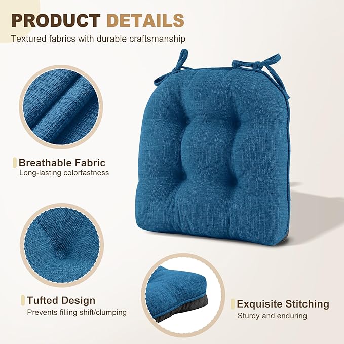 downluxe Indoor Chair Cushions for Dining Chairs, Tufted Overstuffed Textured Foam Kitchen Chair Pads with Ties and Non-Slip Backing, 15.5" x 15.5" x 4", Turquoize, 4 Pack