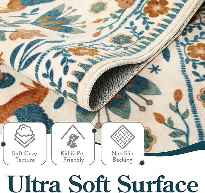 Moynesa Floral Bird Round Rug 6ft Washable Circle Rug Non Slip,Modern Bohemian Area Rugs for Bedroom Reading Coner,Farmhouse Living Dining Room Aesthetic Carpet Retro Home Decor