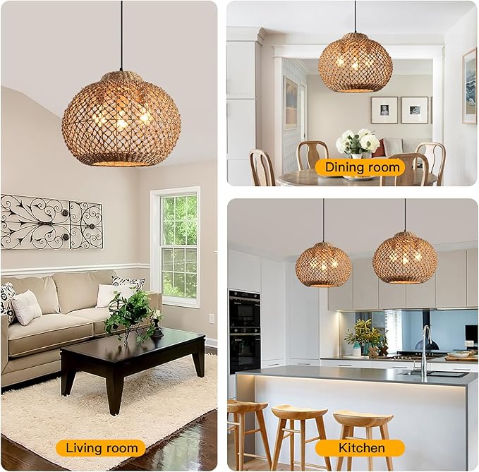 1-Pack 16.94” Rattan Pendant Light Fixture,3-Light Bohemian Handmade Woven Bamboo Rattan Ceiling Suspension Farmhouse Pendant for Kitchen Island Bedroom Living Room