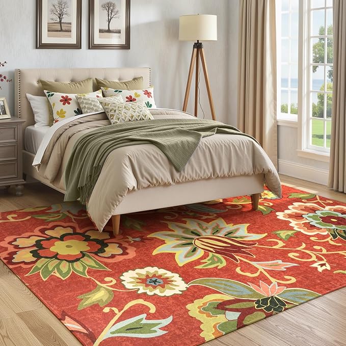 Lahome Floral Washable Rugs 5x7, Carpets for Living Room Non-Slip Lightweight, Soft Bedroom Throw Paisley Print Low-Pile Large Christmas Area Rug for Dining Room, Kitchen, Entryway
