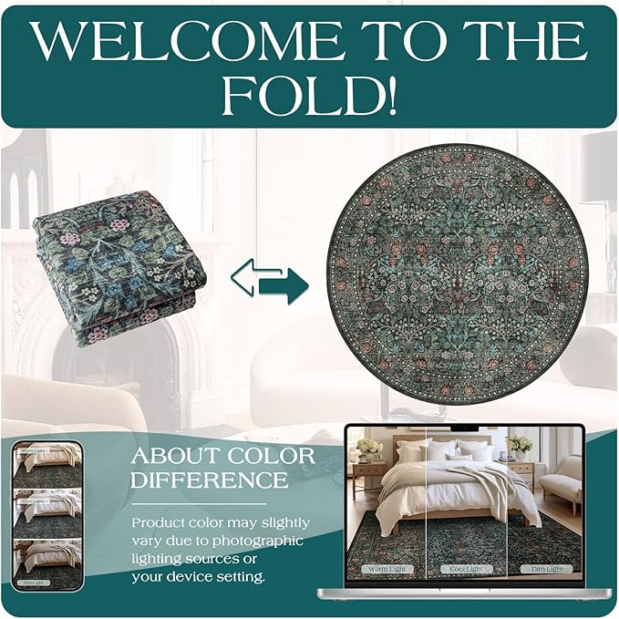 Boho Round Rug 4ft - Soft Washable Black Green Floral Round Bathroom Rug Non Slip Stain Resistant Vintage Botanical Circle Area Rugs for Living Room Bedroom Entryway Dining Room Office Nursery