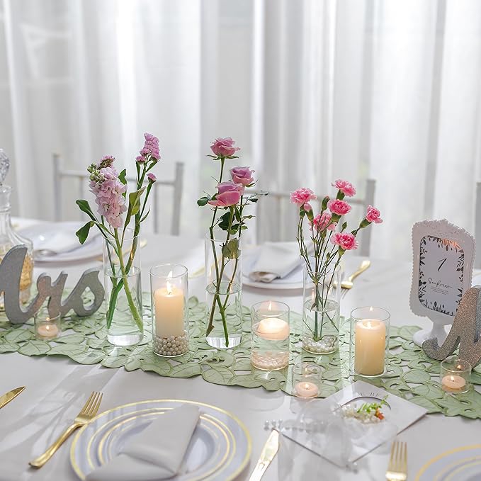 Glass Cylinder Vases Set of 6, Hewory Tall Clear Vase for Centerpieces, Glass Hurricane Candle Holders for Pillar Floating Candles, Round Vases for Wedding Events Table Decor, 2.6” in Diameter