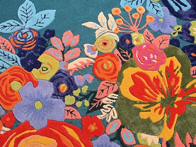Handmade Irregular Floral Wool Area Rug Vibrant Multicoloured Garden Flower Design Soft Plush Durable Thick Carpet for Living Room Bedroom (Teal, 5 x 8 feet, Feet)
