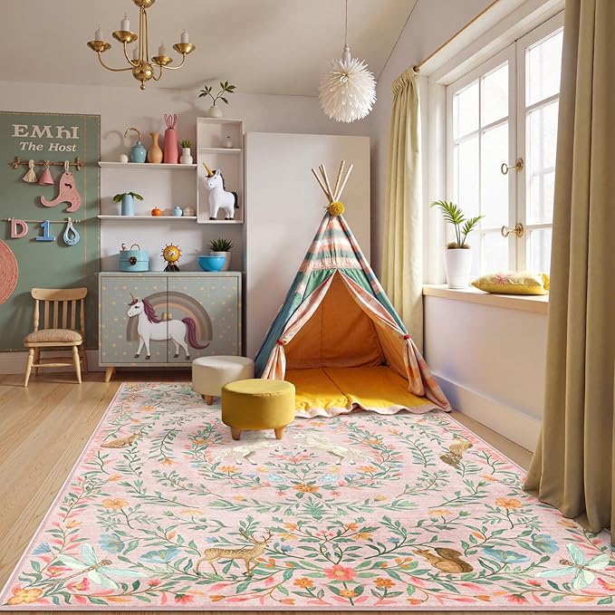 STARUIA 8x10 Area Rugs for Living Room, Unicorn Floral Non-Slip Washable Rugs, Farmhouse Moroccan Vintage Animal Pattern Large Girls Area Rug for Bedroom, Carpet for Dining Room Nurseries(Pink,8'x10')